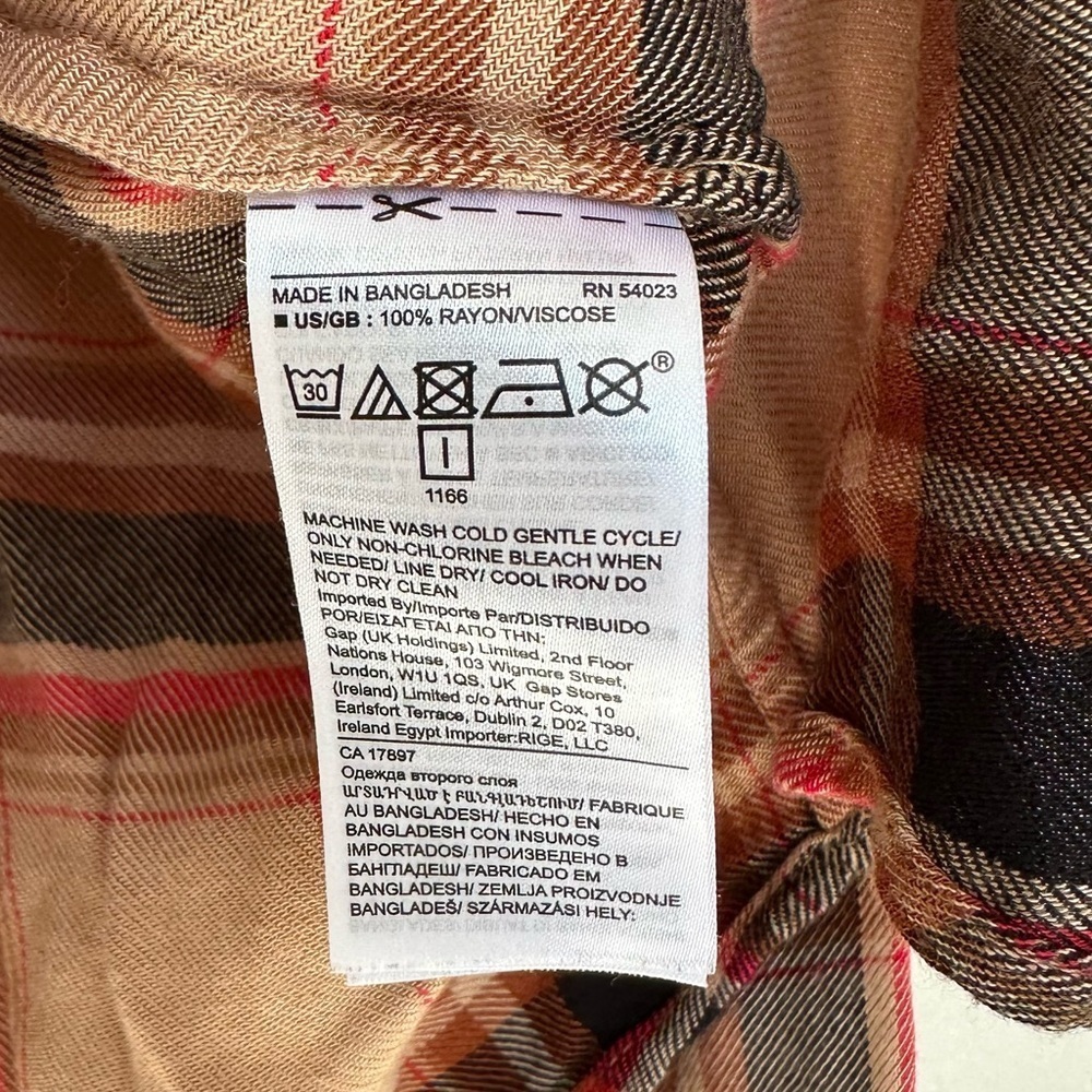 BANANA REPUBLIC Plaid Tan Black Red Button Down Ruffle Collar Small - Picture 4 of 7